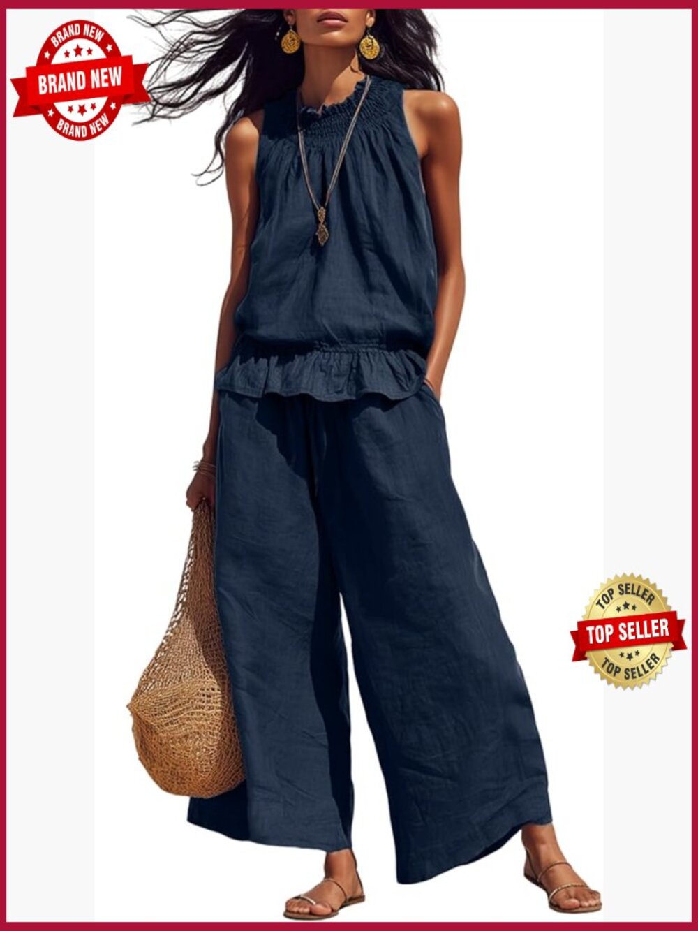 Women's Linen 2 Piece Outfit Sleeveless Ruffle Top Wide Leg Pants Summer
